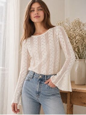 LOFT Vintage Floral Lace Godet Top Flared Long Bell Sleeve Sheer Blouse White